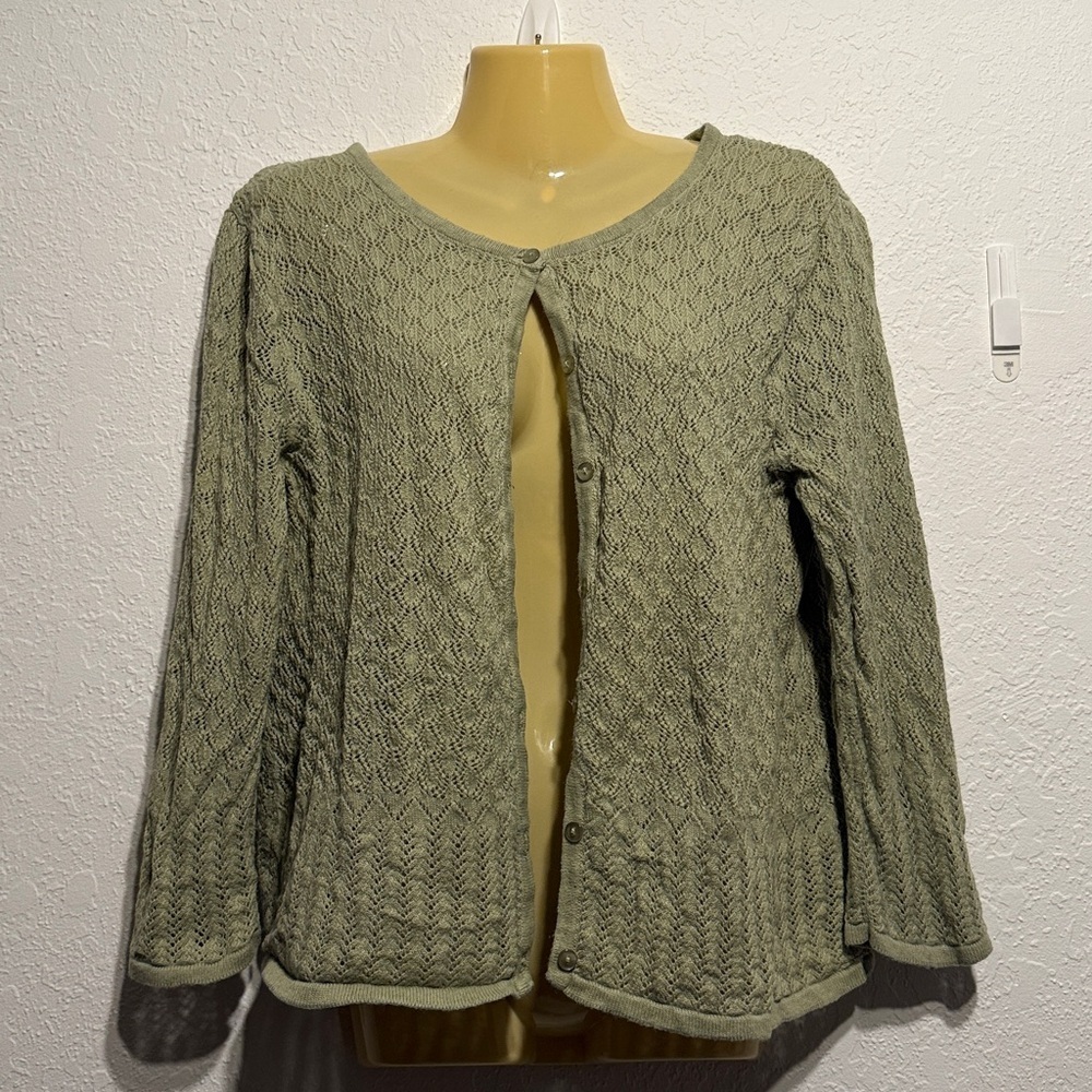 Crystal-Kobe Sage Green Textured Cardigan Lightweight XL 3/4 Sleeve Knit Sweater